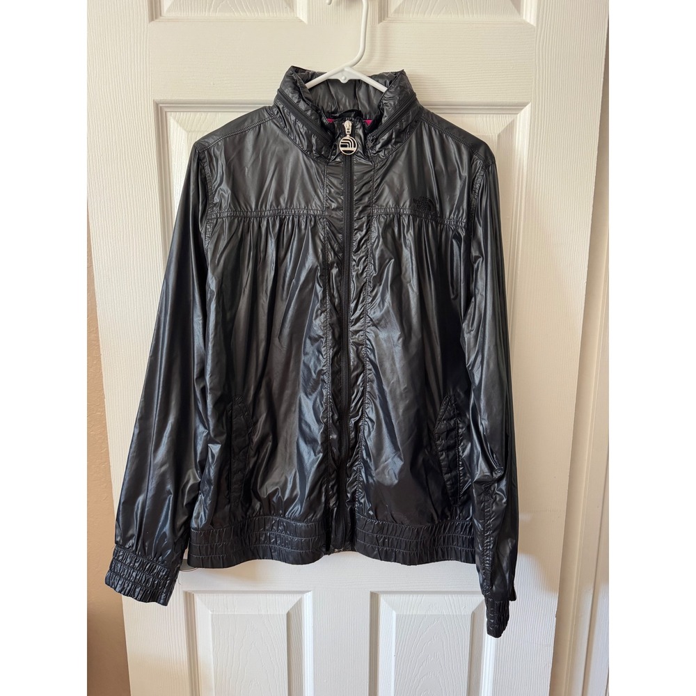 The North Face Windbreaker Jacket Women XL Black Packable Hood Shiny Mesh Lined
